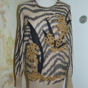 Vintage 80s Suzelle Metallic Gold Black Knit Zebra Print Floral Sweater Small S